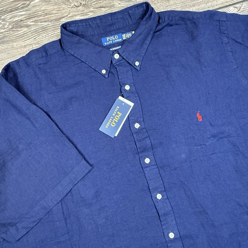 Polo Ralph Lauren‎ Men's Big & Tall Linen S/S Shirt Navy Size 4XB Untuck Fit NEW
